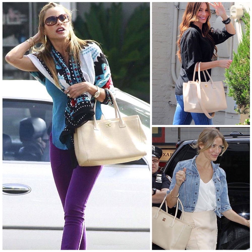 Auth CHANEL Cerf Executive Tote Bag Champagne Nude